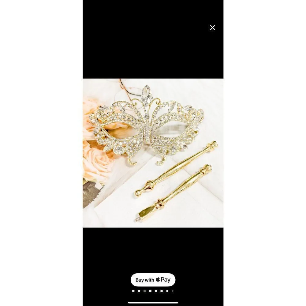 NWT AB Crystal Masquerade Rhinestone Prom Mask With Stick Handheld Gold-tone OS